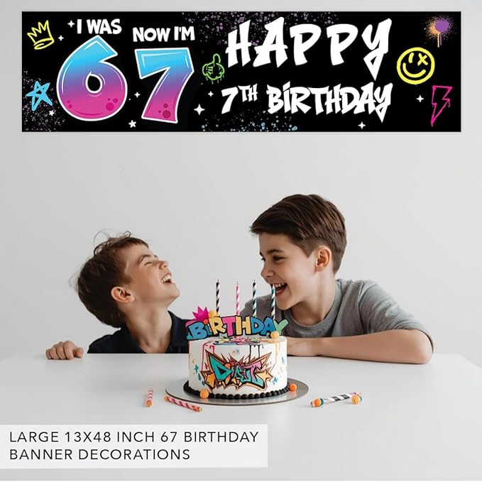 Andaz Press 13x48 Inch 6 7 Birthday Banner Decorations, I Was 6 Now I'm 7 Birthday Banner Graffiti 67 Happy Birthday Party Banner for Boys or Girls, Home or Party Decor Backdrop Sign with Adhesive