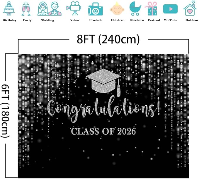 Mocsicka Class of 2026 Backdrop Black Silver Glitter Bokeh Graduation Party Background 2026 Congrats Grad Prom Party Cake Table Decoration Photo Booth Props (8x6ft)