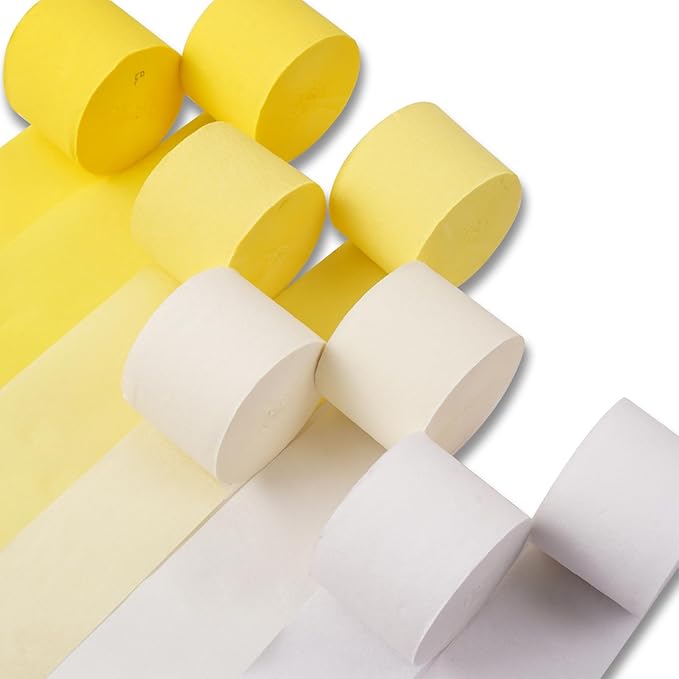 PartyWoo Yellow Crepe Paper Streamers 8pcs 656ft Pack of Pastel Yellow Pearl White Crepe Paper Streamers for Birthday Graduation Engagement Baby Shower Summer Sunflower Little Cutie Party Decorations