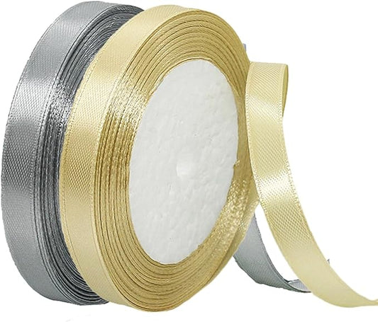 2 Rolls Silver Gold Ribbon, 3/8 Inch x 50 Yards Satin Gold Fabric Ribbon for Flower Bouquets, Gift Wrapping, DIY Crafts, Birthday Cakes, Holiday, Wedding Party and Mother’s Day Decorations