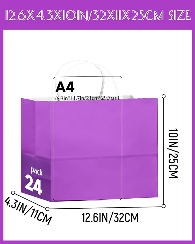 qiqee 24PCS Large Gift Bag with Handles Bulk 13"x4.5"x10" Gift Bags Violet Bags Multiple Uses (32x11x25cm,Wide Large)