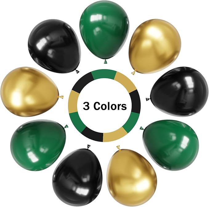 Hiquaty Green and Gold Balloons,60pcs Dark Green Balloons,12 inch Gold Balloons and Black Balloons with Gold Ribbon for St. Patrick's Day Party Wedding Bridal Shower Decorations