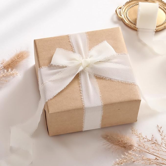 DORIS HOME Cream White Chiffon Ribbon for Flower Bouquet, 1" x21Yd Fabric Ribbon for Gift Wrapping, Handmade Frayed Ribbon for Wedding Invitations/Christmas Decorations
