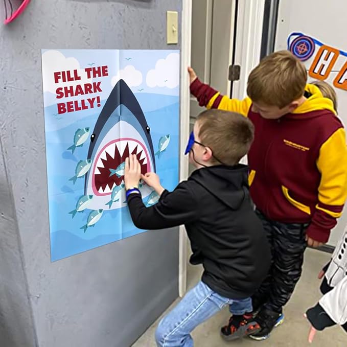 PARTYLOUD Shark Party Games, Pin The Fish on The Shark, Shark Party Games Party Birthday Party Fun Games Supplies Decorations Decor for Kids Families Adult Groups