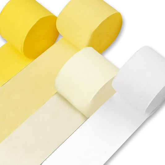 PartyWoo Yellow Crepe Paper Streamers 4pcs 328ft Pack of Pastel Yellow Pearl White Crepe Paper Streamers for Birthday Graduation Engagement Baby Shower Summer Sunflower Little Cutie Party Decorations