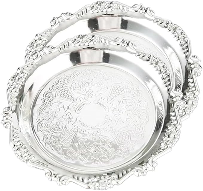 2PCS Coffee Table Tray 11.8in Round Decorative Tray Vintage Metal Dessert Plates for Snacks Fruit Silver