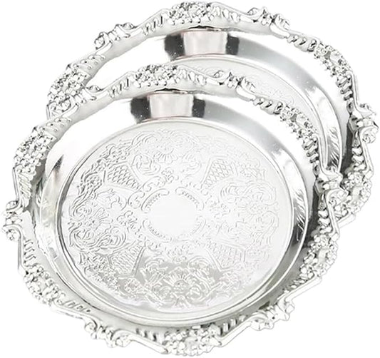 2PCS Coffee Table Tray 11.8in Round Decorative Tray Vintage Metal Dessert Plates for Snacks Fruit Silver
