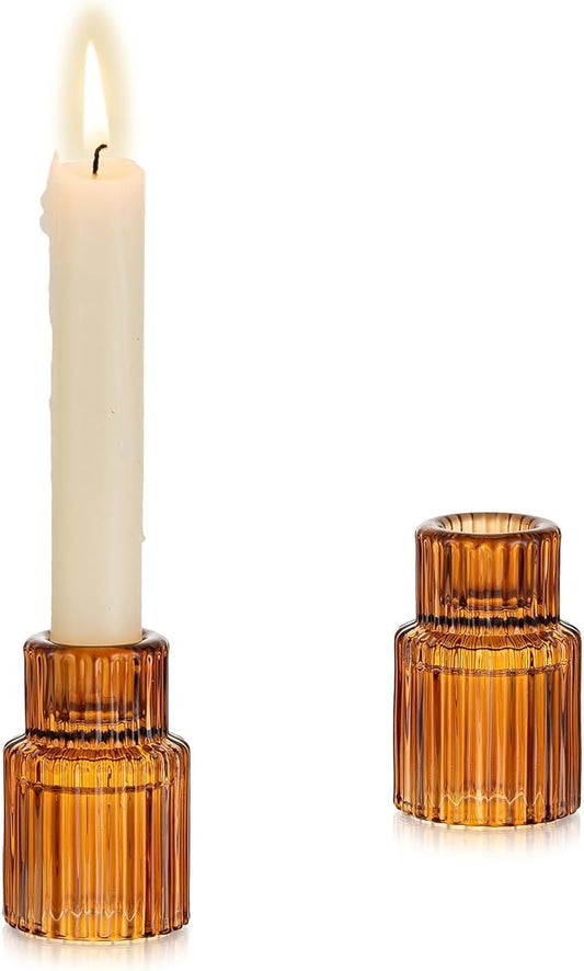 Glasseam Glass Tapered Candlestick Holders: Amber Ribbed Set of 2 for Table Centerpiece, Fall Decor, Christmas Party, Halloween, Thanksgiving