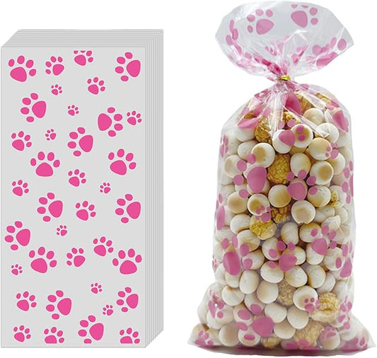 EatnMgan 200Pcs Dog Paw Print Cellophane Treat Bags,Cellophane Bags,Party Favor Gift Bags with 220Pcs Twist Ties for Pet-Themed Parties, Snacks, Candy, and Cookie Packaging (Pink)