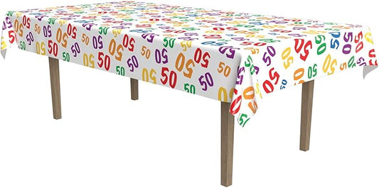 Beistle Number “50” Multicolor Tablecover, Disposable Colorful Plastic Rectangular Table Cloth for Birthday Milestone and 50th Anniversary Parties, Celebrations and Events, 54” x 108”