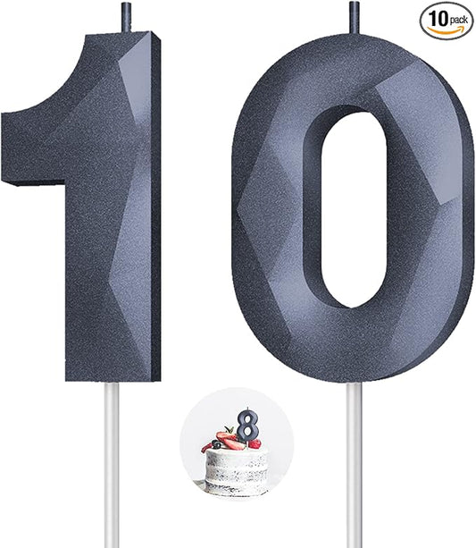 Number Birthday Candles(10 Candle Black) 3D Diamond Shape 10th Happy Birthday Cake Topper Decorations for Boy Men Birthday Wedding Anniversary Celebration Theme Party Supplies