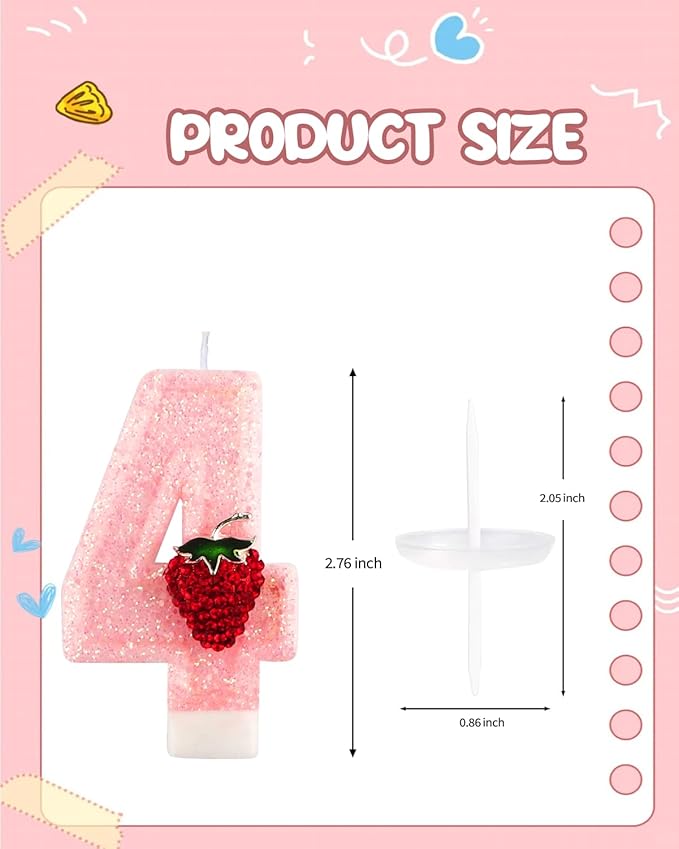 Birthday Candles for Cake, Pink Number Candles, Cake Candles with Greeting Card for Birthday Party Wedding Anniversary Celebrations (Strawberry 4 Candle)
