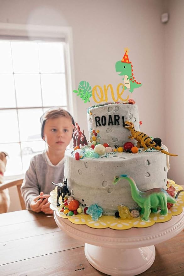 LaVenty Gold Dinosaur First Birthday Decoration Dinosaur One Cake Topper Dinosaur 1st Birthday Cake Topper for Boy Dinosaur Birthday Party Decoration