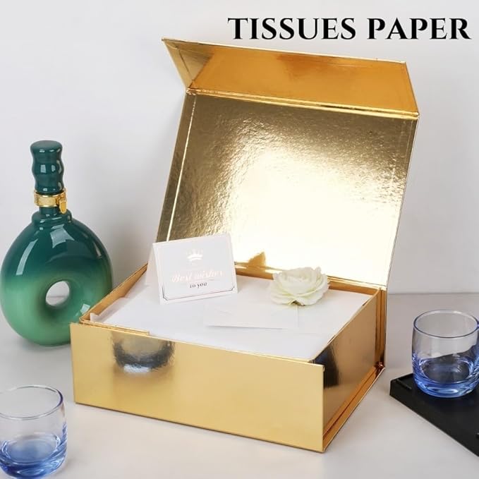 UoeRing 6 Pack Gold Gift Box 9.5x6x3 inch Small Luxury Gift Box for Presents with Magnetic Lid Collapsible,Bridesmaid Proposal,Contains Card, Ribbon, Tissue Paper,Shredded Paper Fille