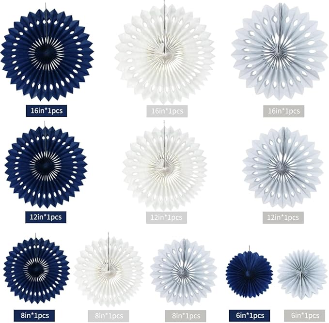BEISHIDA Blue Gray White Tissue Hanging Honeycomb Round Paper Fans Decoration Set for Graduation Men Boy Birthday Navy Wedding Backdrop Fathers Day Baby Shower Party Supplies(11 Packs)