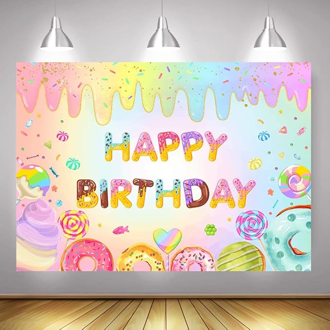 Mocsicka Donut Happy Birthday Backdrop for Girls Sweet Candy Birthday Party Decorations Background Cake Table Banner Donut Ice Cream Birthday Photography Background (10x8ft(120x96 inch))