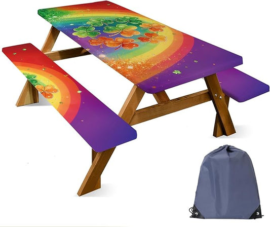 ANNA QUEEN 6FT Rainbow Clover Outdoor St. Patrick's Picnic Table Cover with Bench Covers Picnic Table Cover Set 3PCS 72"x30", Outdoor Bench and Tablecloth Furniture Protection
