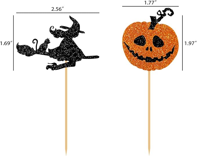 Glitter Happy Halloween Cupcake Toppers including Pumpkin Boo Ghost Hat Witch Spider Bat Food sticks Decorations for Halloween Themed Kids Birthday Party -40PCS