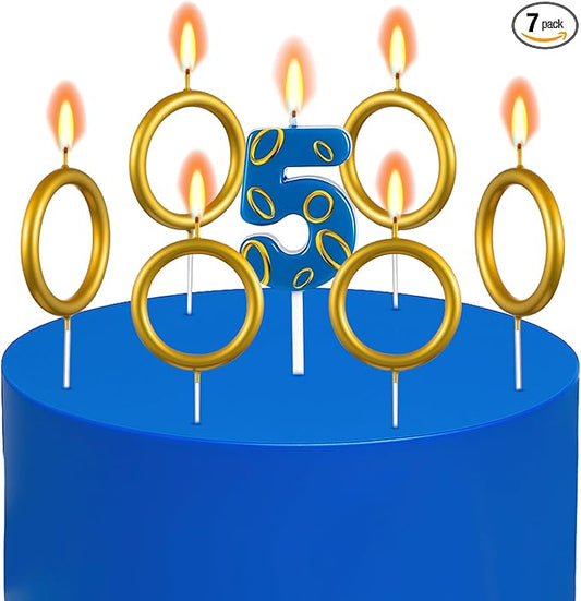 Conelist 7 Pcs Gold Ring Birthday Candles Number Candle Cake Topper Cartoon Characters Themed Candle for Wedding Anniversary Valentine's Day Birthday Party Decorations Supplies(Number 5)
