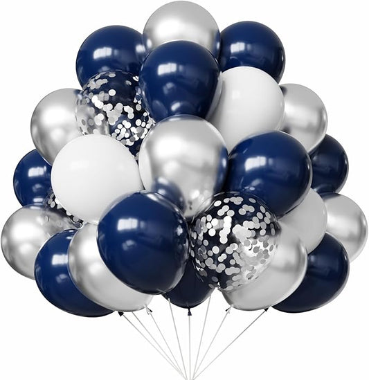 YMSZ Navy Blue and Silver Confetti Balloons, 67pcs 12 Inch Blue White and Silver Latex Balloons for Birthday Party Baby Shower Graduation Class of 2026 Prom Decorations
