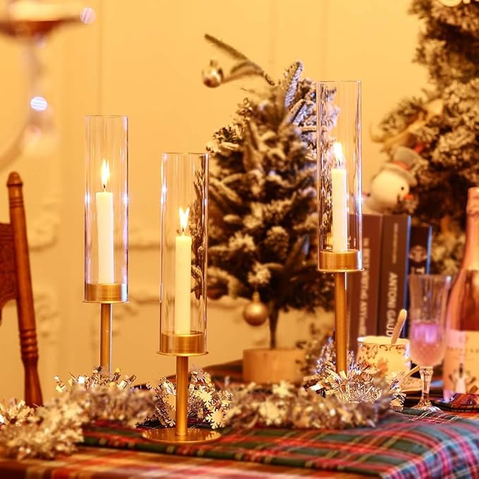 Gold Hurricane Glass Candle Holders 3pc,Taper Candle Holders Candlestick Holders Wedding Table Centerpiece Decoration Christmas Party