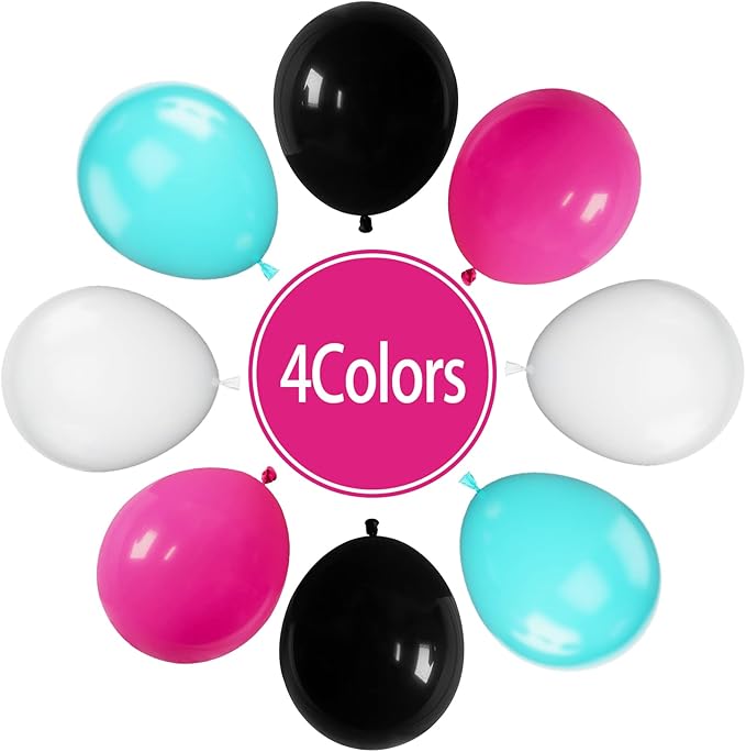 Paready Disco Music Party Balloons, 30 Pcs 12 Inch Hot Pink Black Blue and White Latex Balloons with Ribbons for 80s 90s Disco Music Party Hip Hop Theme Party Birthday DJ Short Video Party Decoration