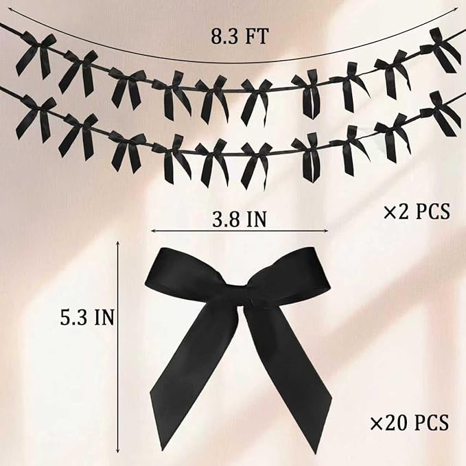 2pcs Pink Bow Garland Banner - 8.3 Feet Coquette Ribbon Bow Decorations for Baby Shower, Birthday Party, Bridal Shower Decor (Black)