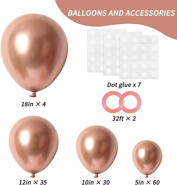 RUBFAC 129pcs Rose Gold Balloons Different Sizes 18 12 10 5 Inches, Latex Balloon Garland Arch Kit for Birthday Party Valentine's Day Baby Shower Graduation Wedding Holiday Decoration