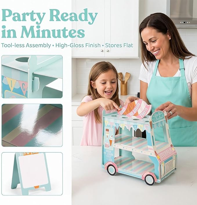 3 Tier Van-Shaped Cupcake Stand, Ice Cream Truck Dessert Display for 24+ Cupcakes, High-Gloss Paperboard Party Cake Holder for Birthday, Baby Shower, Ice Cream Theme Party Supplies
