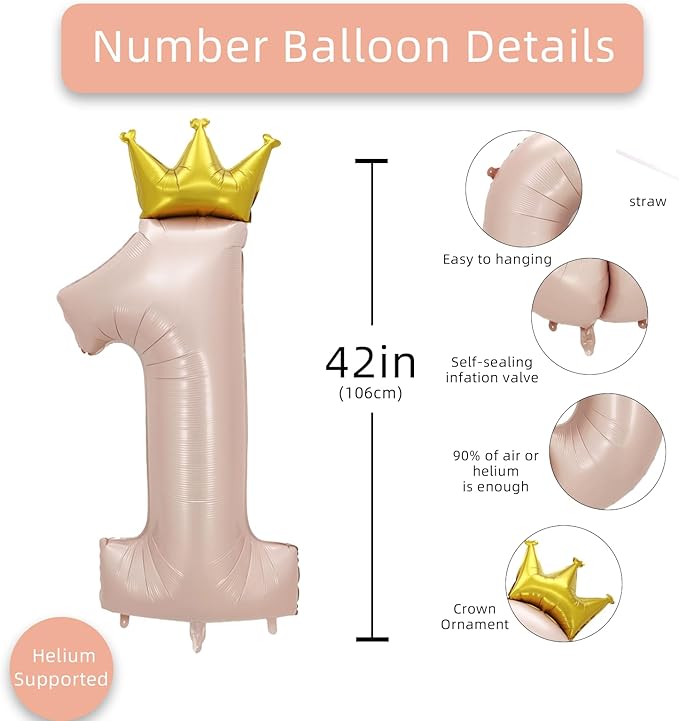 AULE 40 Inch Big Pink 1 Balloon Number with Crown Large Foil Helium Number Balloons 0-9 Jumbo Giant Happy 1st Birthday Party Decorations Huge Mylar Anniversary Party Supplies