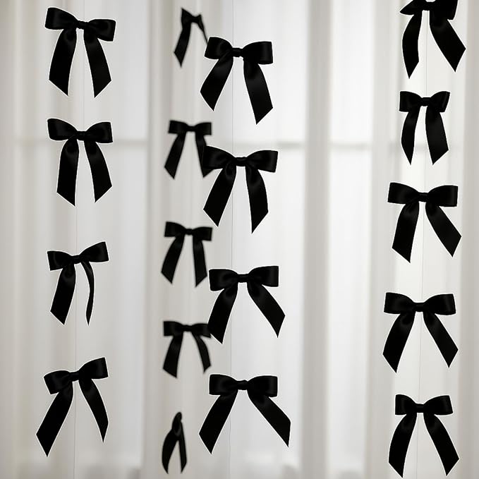 Taobary 8 Pcs 6.6 ft Bow Garland, Satin Ribbon Bow Banner Coquette Hanging Ornament for Photo Backdrop Birthday Party Wedding Bridal Baby Shower Wall Decorations(Black,1 Inch)