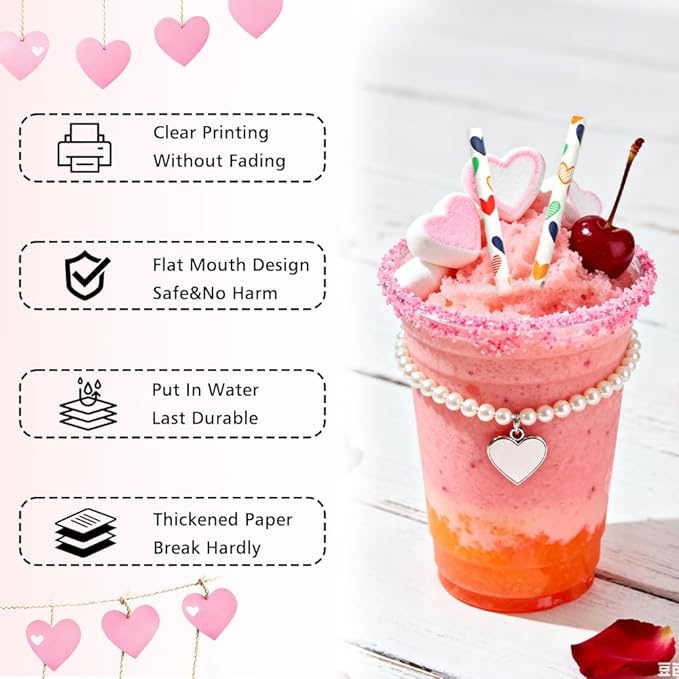 100 Pcs Colorful Hearts Printed Biodegradable Paper Straws, Eco-Friendly Valentines Drinking Straws for Valentine's Day Party,Birthday Party Supplies, Wedding Decorations