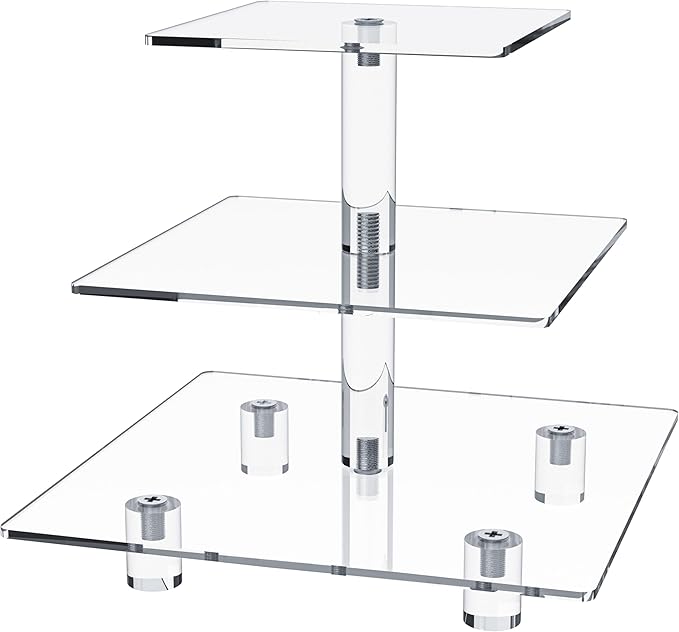 Jusalpha® 3 Tier Strong Acrylic Square Cupcake Stand, Dessert Display Tower (Clear, 1)