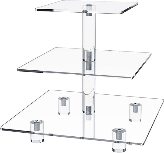 Jusalpha® 3 Tier Strong Acrylic Square Cupcake Stand, Dessert Display Tower (Clear, 1)