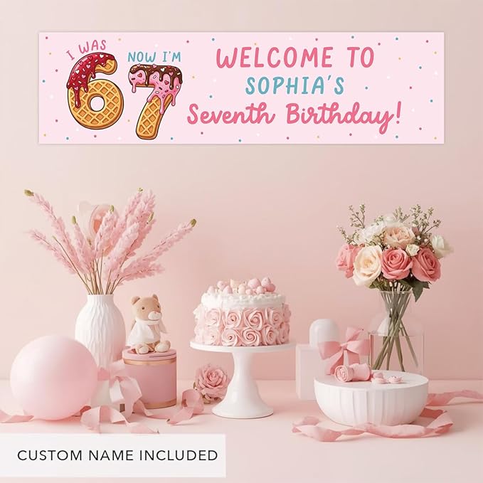 Andaz Press 13x48 Inch Custom 6 7 Birthday Banner Decorations, Personalized Birthday Banner with Custom Name, Ice Cream Theme 67 Happy Birthday Party Banner for Boys or Girls, Home or Party Décor