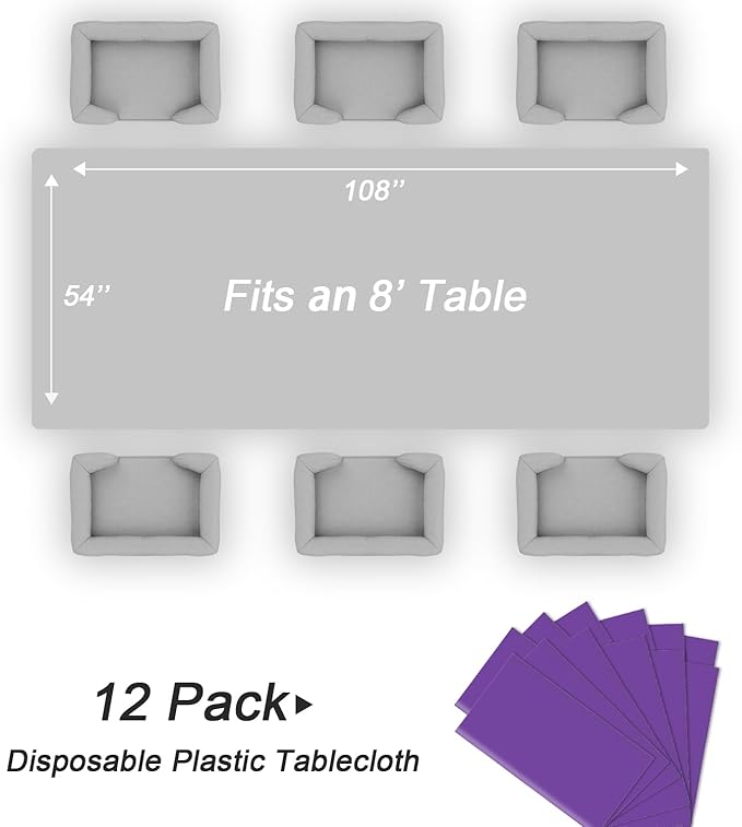 QIKSION Purple Plastic Table Cloth Disposable 12 Pack, 54 x 108 Inch Tablecloths for Party, Birthday, Graduation, Halloween Decorations, Rectangle Table Cover