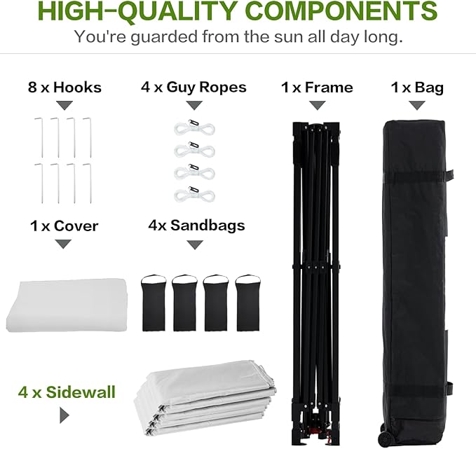 Tunbne 10X10 Comercial Pop Up Canopy Tent with 4 Sidewalls and 6 Pockets, One Push Setup Center Lock, for Beach Patio Outdoor, Case, 8 Stakes, 4 Ropes, 4 Sandbags (Snow White)