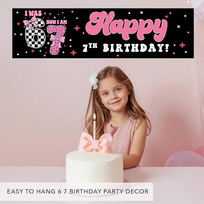 Andaz Press 13x48 Inch 6 7 Birthday Banner Decorations, I Was 6 Now I Am 7 Birthday Banner Coquette Pink Bow 67 Happy Birthday Party Banner for Girls, Home or Party Decor Backdrop Sign with Adhesive