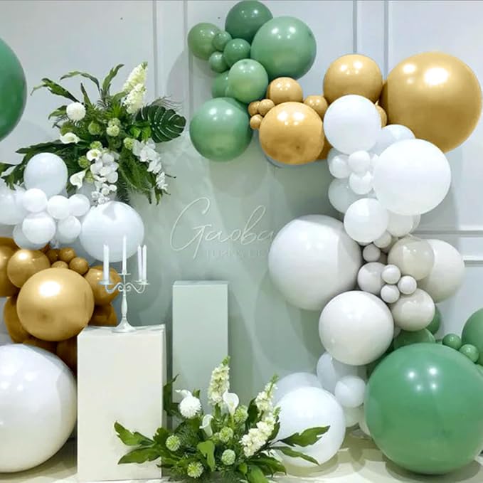 MEBAY Green White Gold Balloon Arch Kit, 146Pcs Avocado Green Metallic Chrome Gold Confetti and White Latex Balloons for Wedding Birthday Baby Shower Decoration