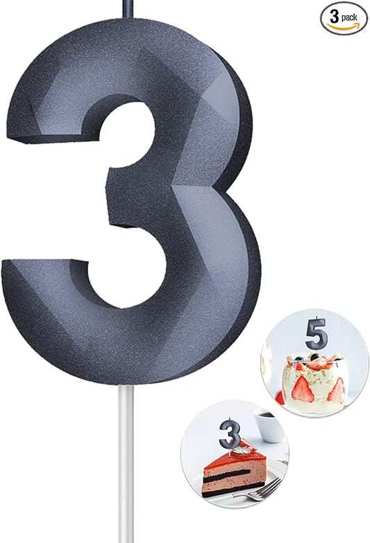 Number Birthday Candles(3 Candle Black) 3D Diamond Shape 3rd Happy Birthday Cake Topper Decorations for Boy Men Birthday Wedding Anniversary Celebration Theme Party Supplies