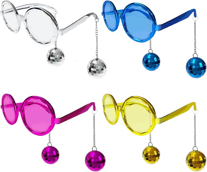 Retro Disco Ball Party Favors Funny Glasses 4 Pack, Disco Sunglasses Accessories for Women and Men