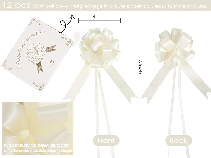HUIHUANG Ivory Bows for Gift Wrapping 4"x 8" Ivory Satin Pull Bows 12 PCS Gift Bow for Presents, Gift Basket, Paper Bag, Wrapping Accessories, Birthday Wedding Party, Christmas Decor