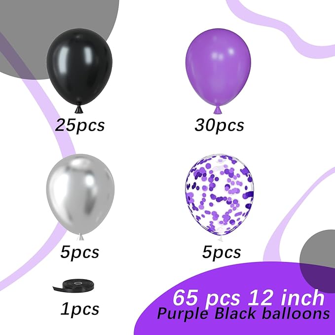 Purple Black Silver Latex Balloons, 65pcs 12 Inches Metallic Silver Purple Confetti Balloons with 1 Ribbon for Halloween, Birthday, Graduation, Anniversary party decorations