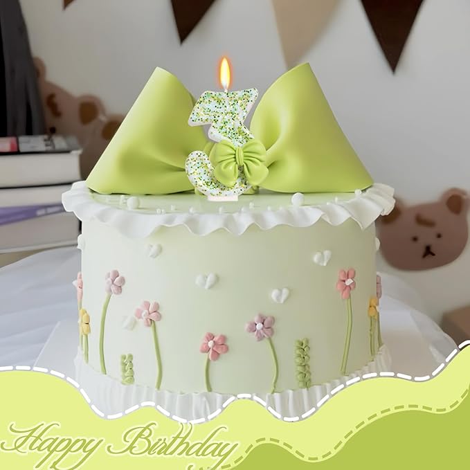 Birthday Candle for Cake, Green Bow Number Cake Candles, 2.76 inch Cake Topper Decoration for Birthday Party (Number 3)