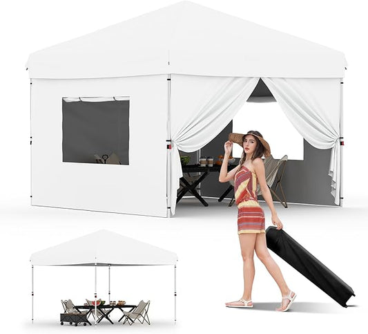 Garvee 10x10 Pop Up Canopy Tent with 4 Removable Sidewall, Heavy Duty Commercial Instant Shelter with One-Person Setup, UPF 50+ Waterproof, 100 Sq Ft Shade for Outdoor Events, Camping, Farmers Market