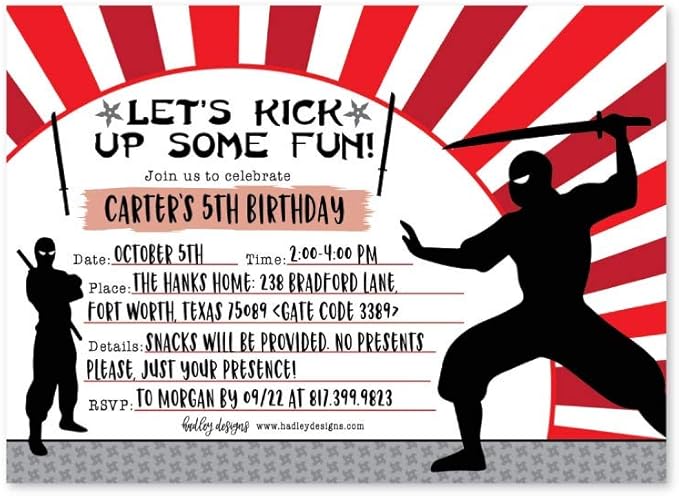 Hadley Designs Kids Birthday Invitations For Boys Ninja Theme - 25 Ninja Birthday Party Invitations For Boys, Martial Arts Invites For Boy, Cute Karate Party Supplies, Made In USA