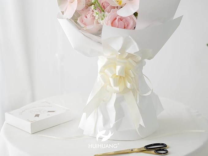 HUIHUANG Ivory Bows for Gift Wrapping 4"x 8" Ivory Satin Pull Bows 12 PCS Gift Bow for Presents, Gift Basket, Paper Bag, Wrapping Accessories, Birthday Wedding Party, Christmas Decor