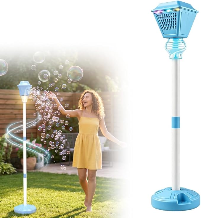 Automatic Bubble Machine, Standing Bubble Blower with Light & Music, 4 Height Adjustable Bubble Maker, Outdoor Bubble Machine for Party Birthday Wedding Garden (Blue)