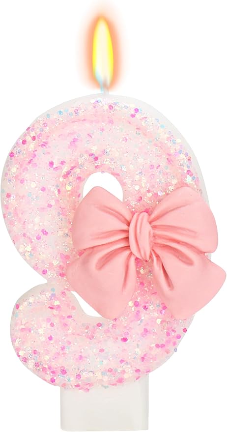 Birthday Candle for Cake, 9 Candle - Pink Glitter with Bowknot, 2.76 inch Happy Birthday Candle, Cake Topper Decoration for 9 Years Old Birthday Party (Number 9)