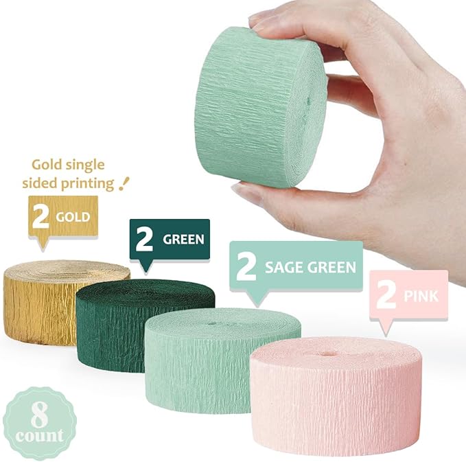 AOBKIAT Wedding Decor Sage Pink Gold Crepe Paper 8 pcs Streamers Party Decorations for Wedding,Rustic Bachelorette,Birthday,Bridal/Baby Shower,Anniversary Party Backdrop Decoration